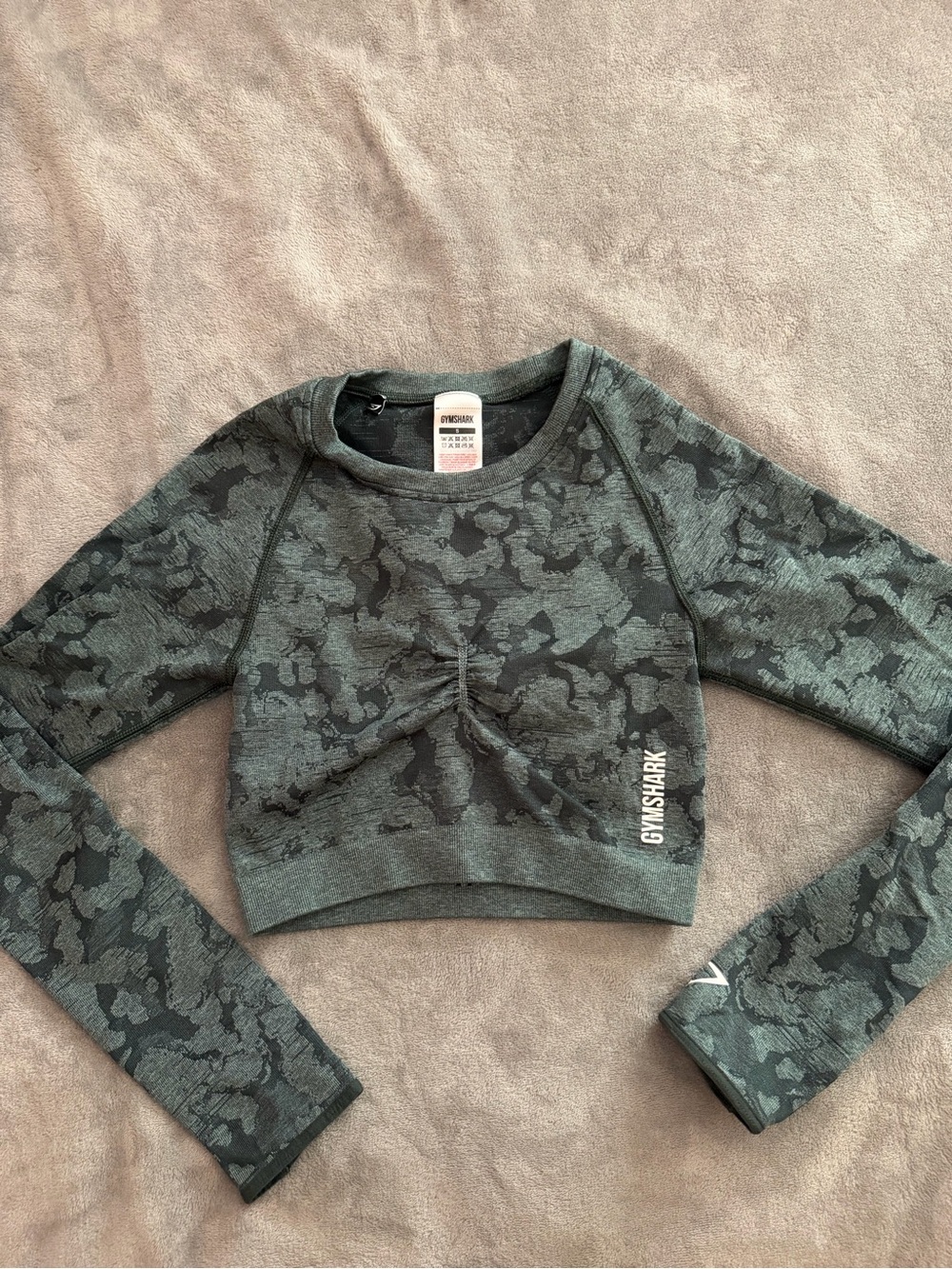 Gymshark Olive Green Camouflage Cropped Long Sleeve Top
